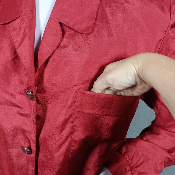 Vintage Kelly Scott Size 14 Burn Red Button Down Shirt Collared Silky Long Sleev - Picture 6 of 8